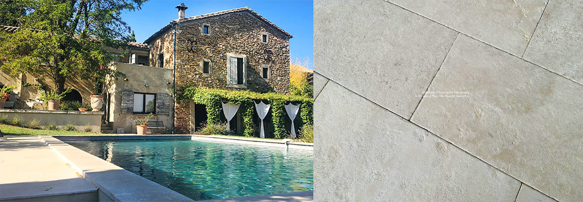 Non-slip and historic, antique French limestone for pool surrounds complement stone manor homes.
