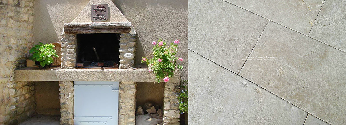 Creamy white antique French limestone floors for outdoor historic living.