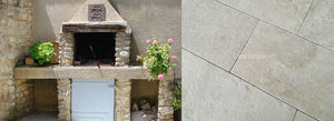 Creamy white antique French limestone floors for outdoor historic living.