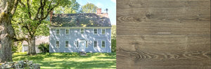 A blue Georgian Farmhouse has historic authenticity installing antiqued French oak floors.
