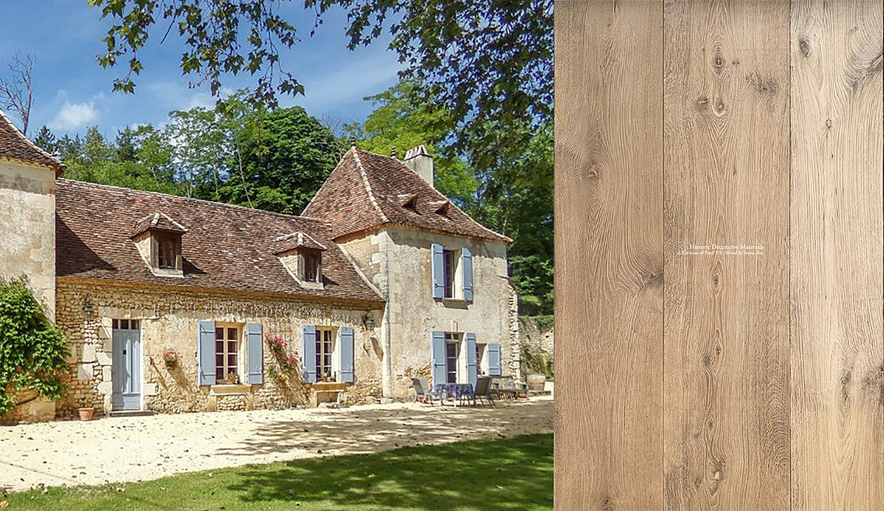 Country homes of old stone and powder blue shutters embrace our wide-plank reclaimed French oak floors.