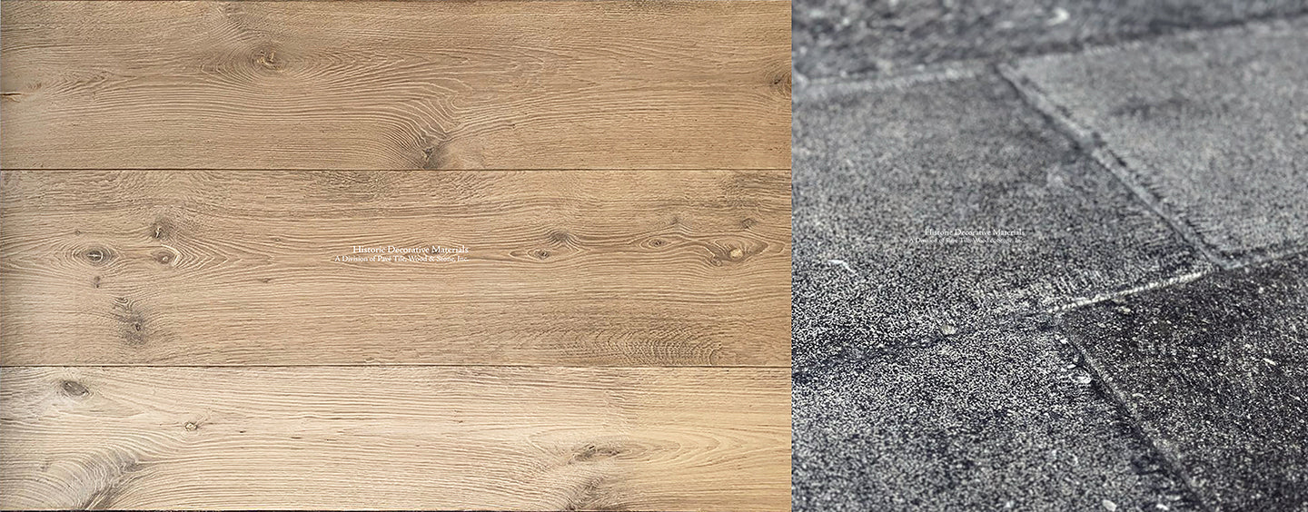 Reclaimed French oak floors authentically aged natural oak hue marries with Belgian bluestone tiles.