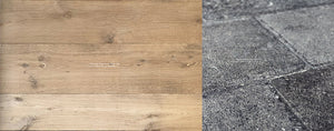 Reclaimed French oak floors authentically aged natural oak hue marries with Belgian bluestone tiles.