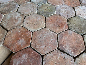 French Reclaimed Terra Cotta Tile Hexagons from Provence create historic kitchen floors.
