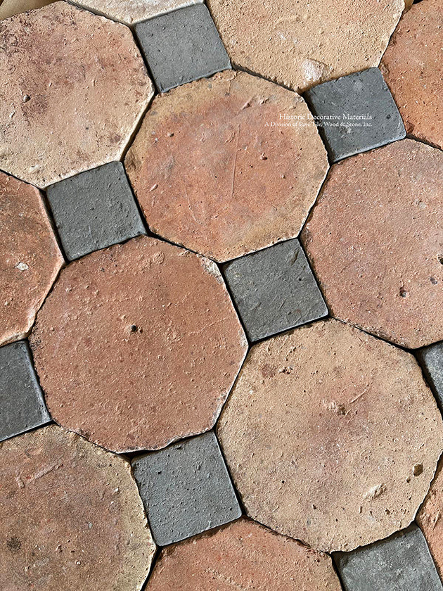 Install a kitchen floor with our reclaimed French terra cotta tile octagon + Bluestone cabochon to bring old world Europe to life.