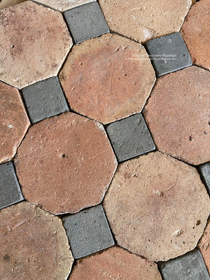 Install a kitchen floor with our reclaimed French terra cotta tile octagon + Bluestone cabochon to bring old world Europe to life.