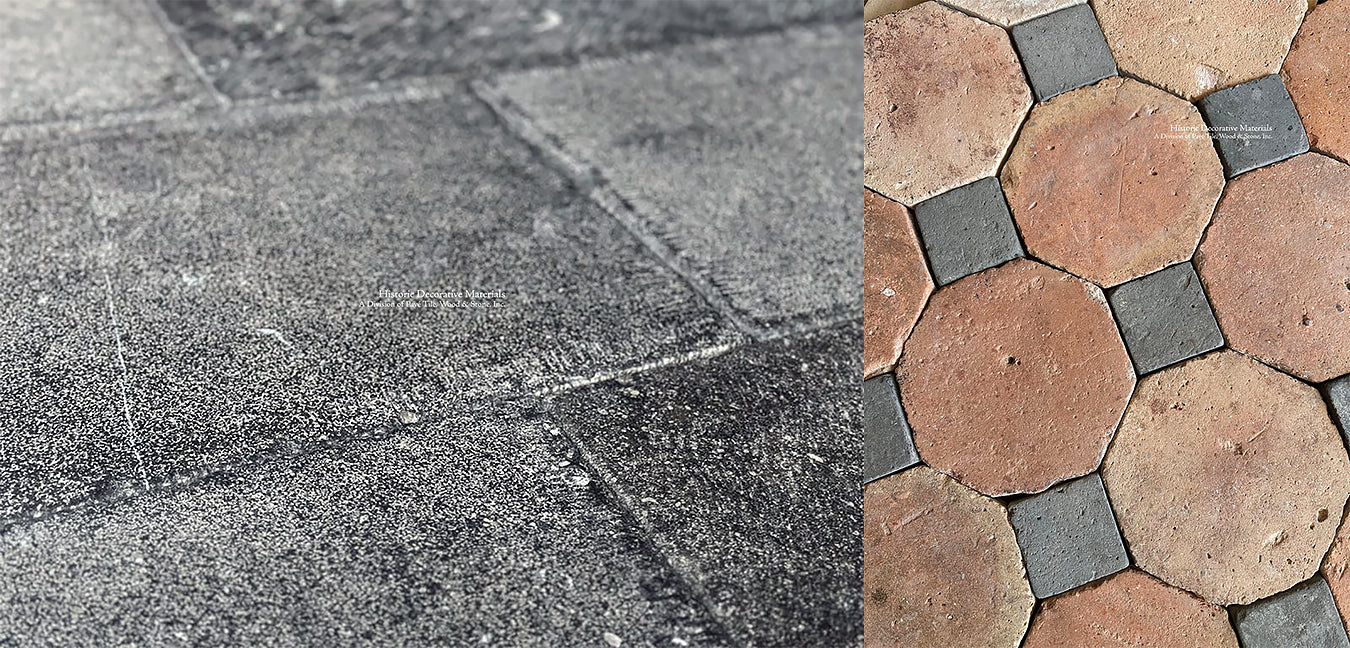 Handsome living spaces are created installing antique Belgian bluestone and French reclaimed terra cotta tile flooring.