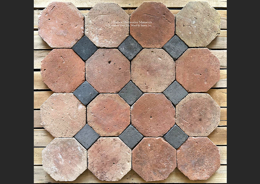 Salvaged antique French terra cotta tile octagon + bluestone cabochon will add historic elegance to a living space.