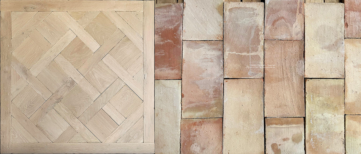 The quiet colors of antique white French oak wood floors with soft pastels of French reclaimed terra cotta tiles are lovely.