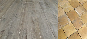 Interior designers love to pair pale yellow French reclaimed terra cotta tiles with gray antique French oak floors.