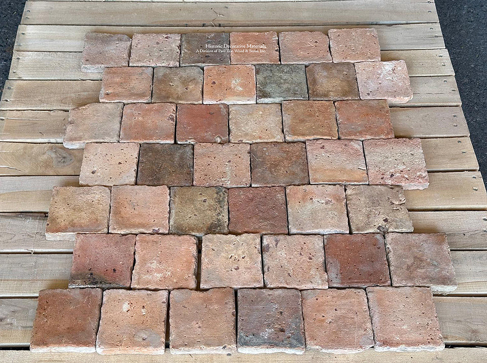 The antique edge detail of this French reclaimed terra cotta tile cobblestone reveals its 150-year + old history.