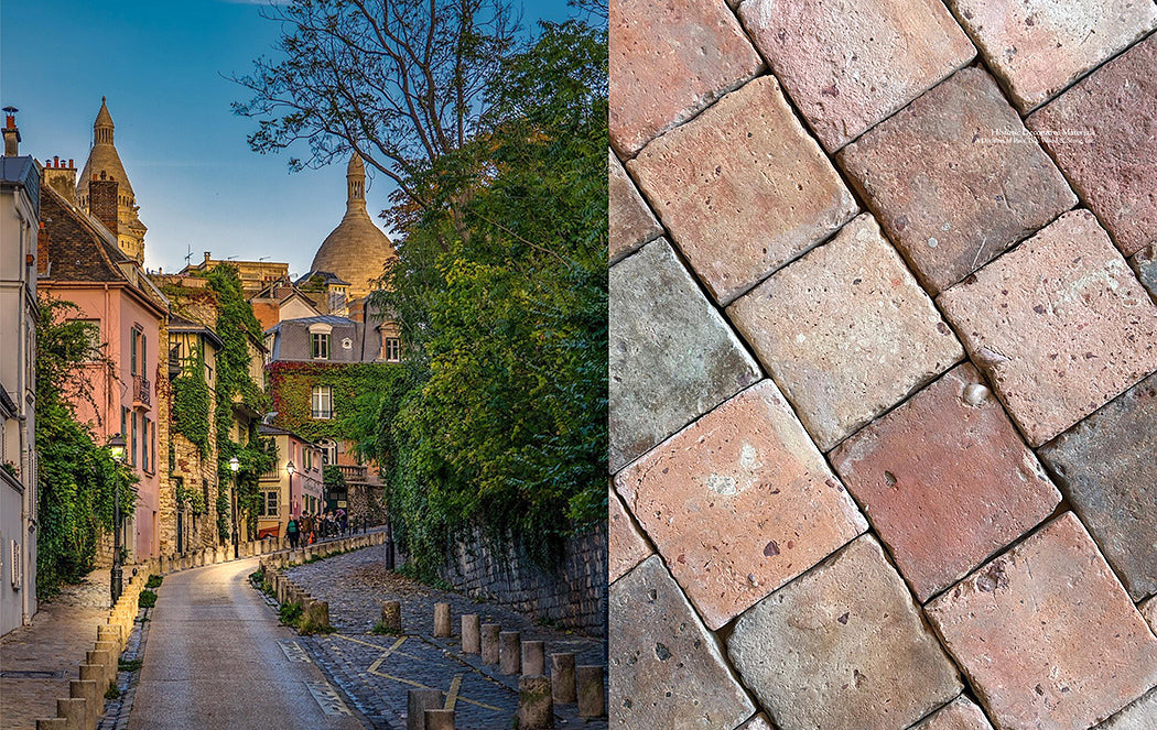From pink buildings to cobblestone streets, the city of Montmartre is seen in each of our antique French terra cotta tile cobblestone.