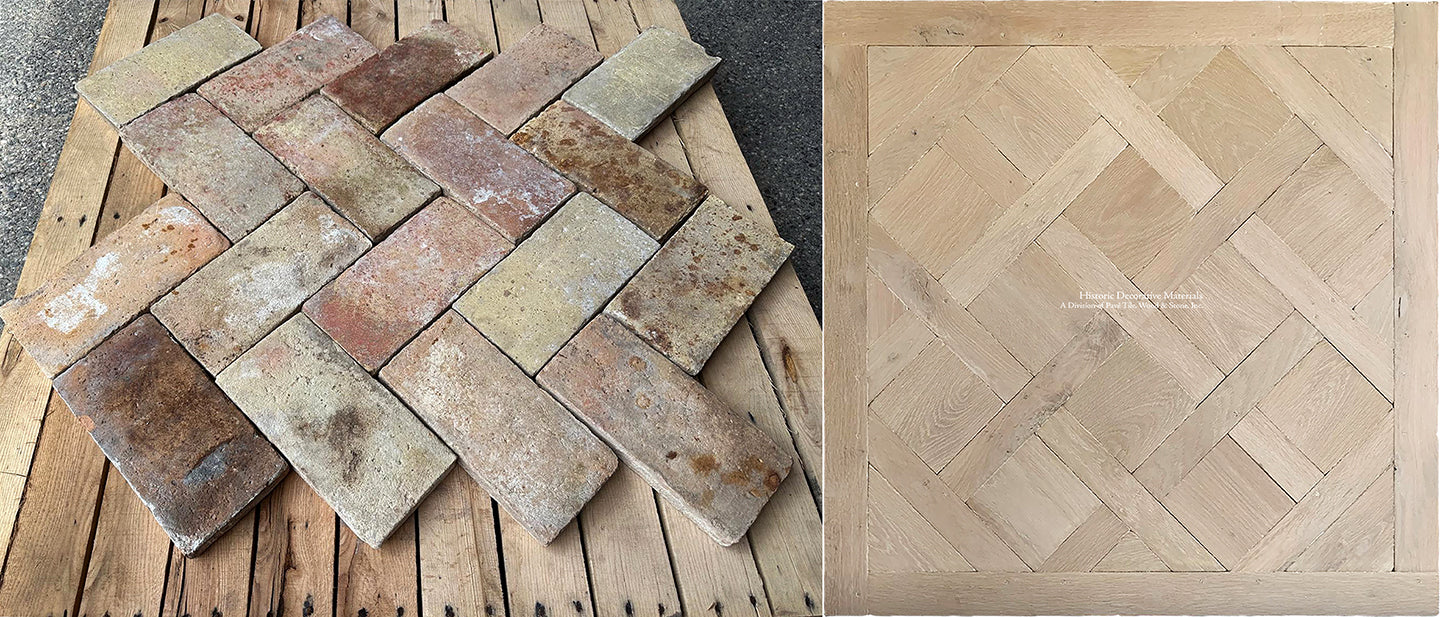 French reclaimed terra cotta tile bricks are beautiful when installed with antique French oak parquet de Versailles flooring.