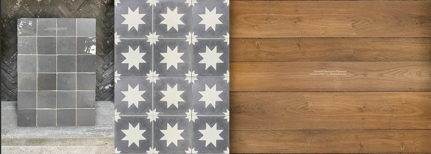 Play with contrast installing glazed Zellige and antiqued gray cement tiles with the warm patina of our antiqued French oak flooring.