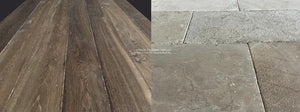 The warm walnut and cafe colors of these aged French oak and antiqued French limestone floors will always bring historic authenticity to country homes.