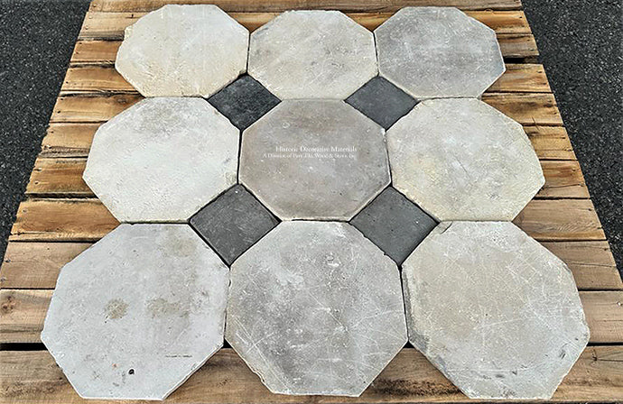 Antique Parisian French Grey Limestone Octagon + Antique Gray Terra Cotta Tile Cabochon has historic presence.