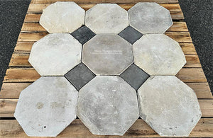 Antique Parisian French Grey Limestone Octagon + Antique Gray Terra Cotta Tile Cabochon has historic presence.
