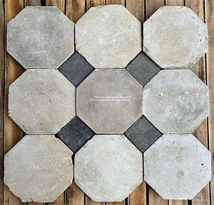 Antique Parisian French Grey Limestone Octagon + Antique Gray Terra Cotta Tile Cabochon brings history to an interior.