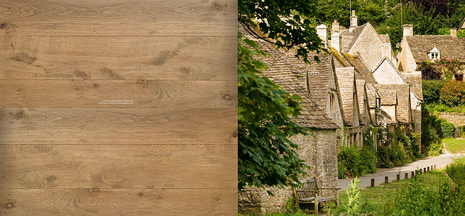 Charming stone cottages and antiqued reclaimed French oak floors bring one's interior into 18th century England.