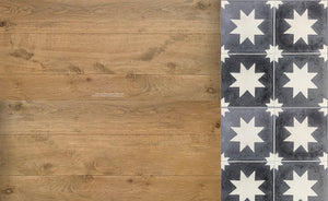 Black and white antique cement tile offsets the warm patina oak colors of our antiqued French oak flooring.