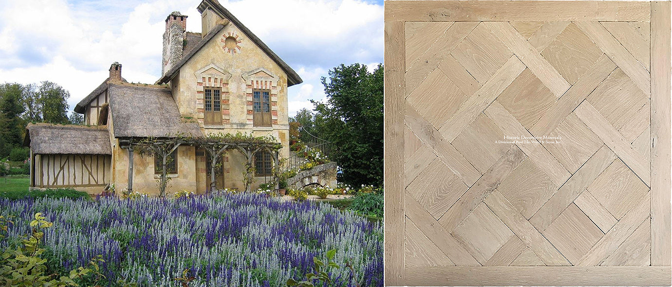 1Marie Antoinette's cottage would never know the difference with our antiqued white aged French oak parquet de Versailles panels.