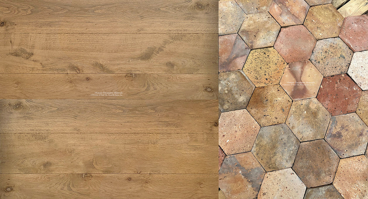 Hautvillers French Reclaimed Terra Cotta Tile Hexagons + 18th Century French Oak Floors in Wide Plank Solid or Engineered - The Country House Collection: FALLEN ACORN