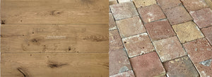 French reclaimed terra cotta square tiles create a mosaic effect on the floor.