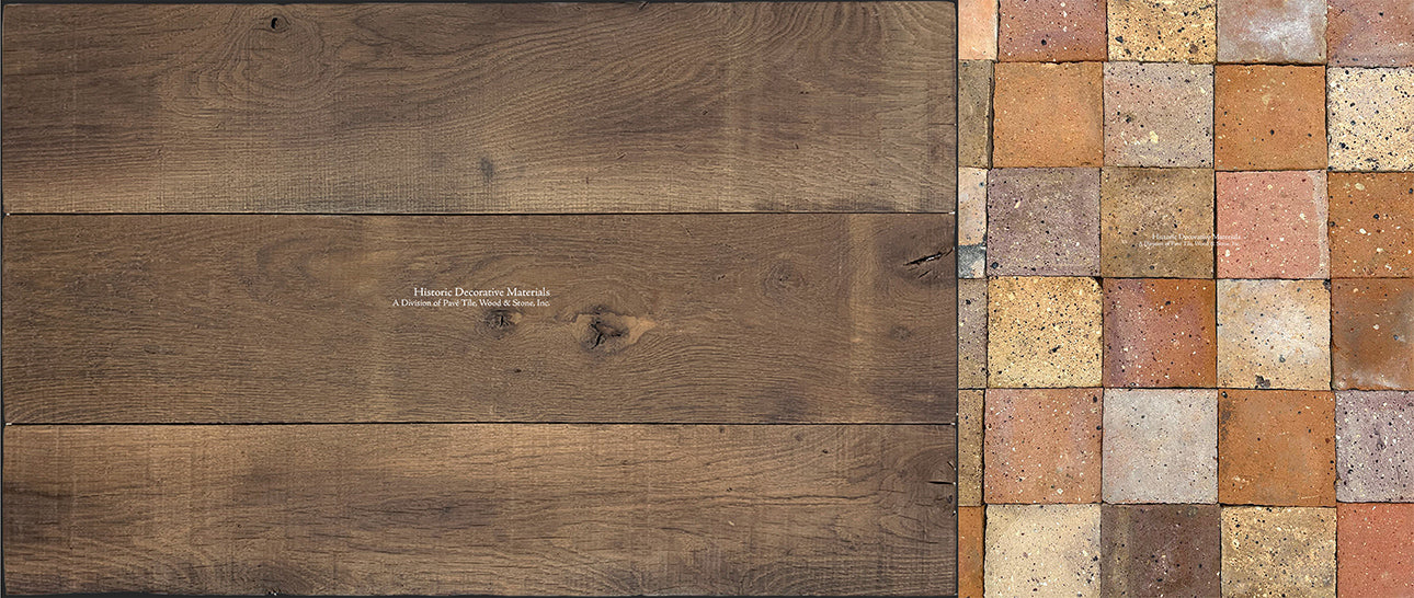 Antique French oak floors in warm brown offsets the vibrant colors of French reclaimed terra cotta tiles.