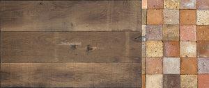 Antique French oak floors in warm brown offsets the vibrant colors of French reclaimed terra cotta tiles.