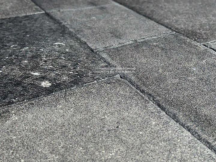 Light and dark blue black hues of our antiqued Belgian bluestone flooring elevate historic interiors.