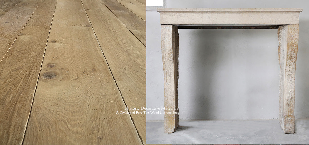 19th Century French Limestone Campagnarde Style Fireplace Mantel + Kings of France French Oak Flooring in Weathered Oak