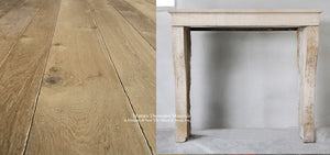 19th Century French Limestone Campagnarde Style Fireplace Mantel + Kings of France French Oak Flooring in Weathered Oak