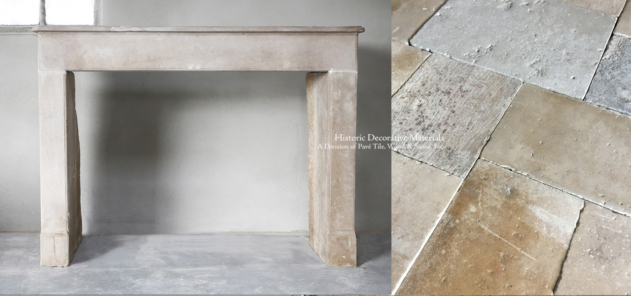 19th Century French Limestone Campagnarde Style Fireplace Mantel + Antique French Limestone Dalle de Bourgogne Flooring