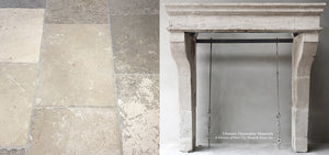 19th Century French Burgundy Limestone Fireplace Mantel Campagnarde Style + Réedition 17th Century Antique Bar de Montpellier French Limestone Flooring
