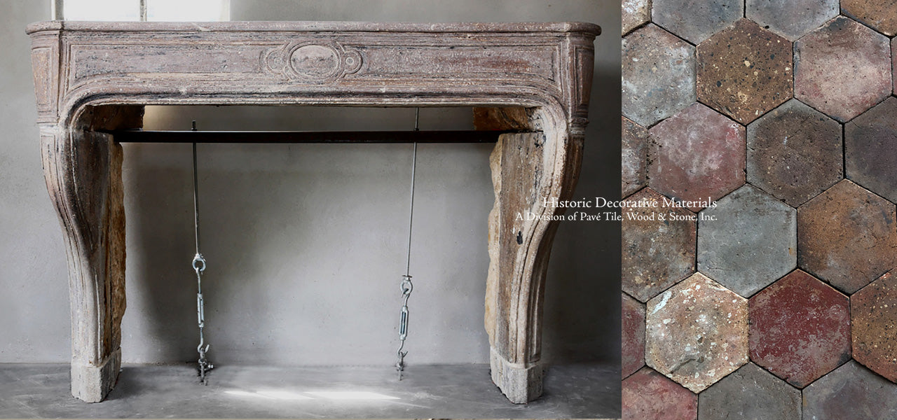 19th Century French Limestone Louis XIV Fireplace Mantel + French Reclaimed Terra Cotta Hexagon Tiles