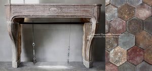 19th Century French Limestone Louis XIV Fireplace Mantel + French Reclaimed Terra Cotta Hexagon Tiles