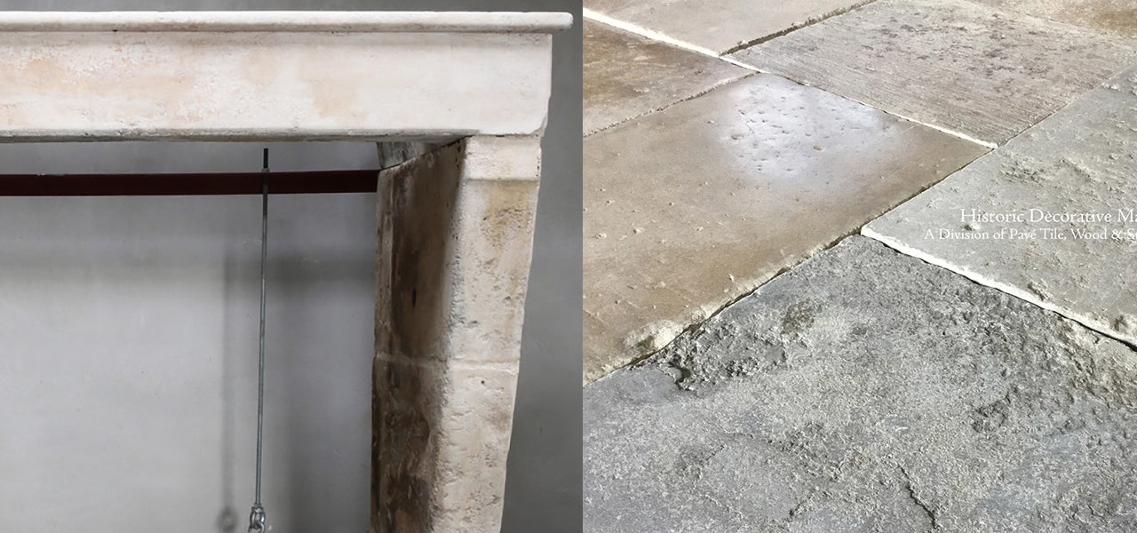 Antique 19th Century French Fireplace Mantel from Bourgogne Region, France + Antique Dalle de Bourgogne French Limestone Flooring