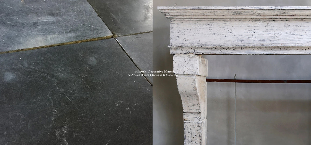 19th Century French Limestone Campagnarde Style Fireplace Mantel + Noir de Mazy Reclaimed Belgian Bluestone