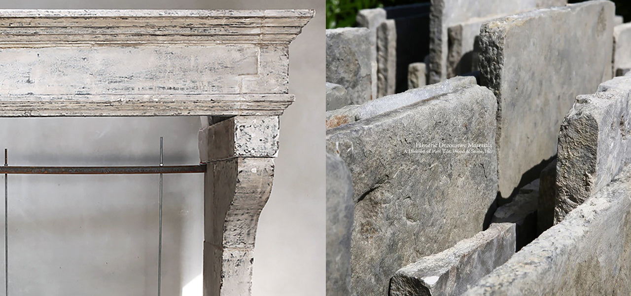 19th Century French Limestone Campagnarde Style Fireplace Mantel from Bourgogne, France + Antique Grey French Limestone Dalle de Bourgogne Flooring