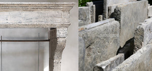 19th Century French Limestone Campagnarde Style Fireplace Mantel from Bourgogne, France + Antique Grey French Limestone Dalle de Bourgogne Flooring