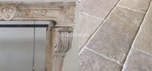 Antique 18th Century Renaissance French Bourgogne Limestone Fireplace Mantel + Marie Antoinette Aged French Limestone Flooring