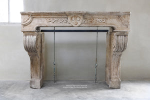 Antique 18th Century Renaissance French Bourgogne Limestone Fireplace Mantel