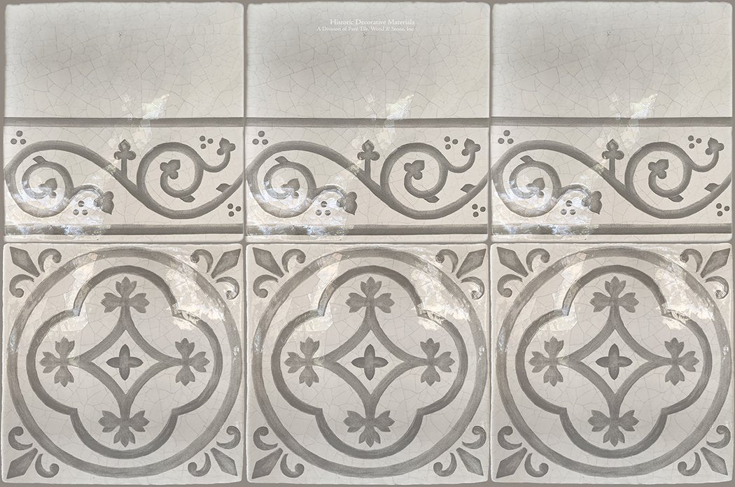 Carriage House English Encaustic Tile - English Rose & Scroll Border on Vintage Warm White