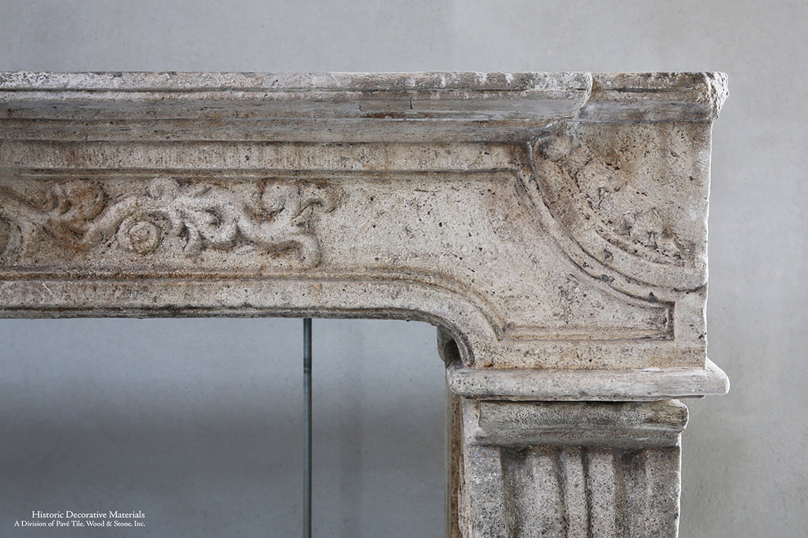Antique 18th Century Renaissance French Bourgogne Limestone Fireplace Mantel