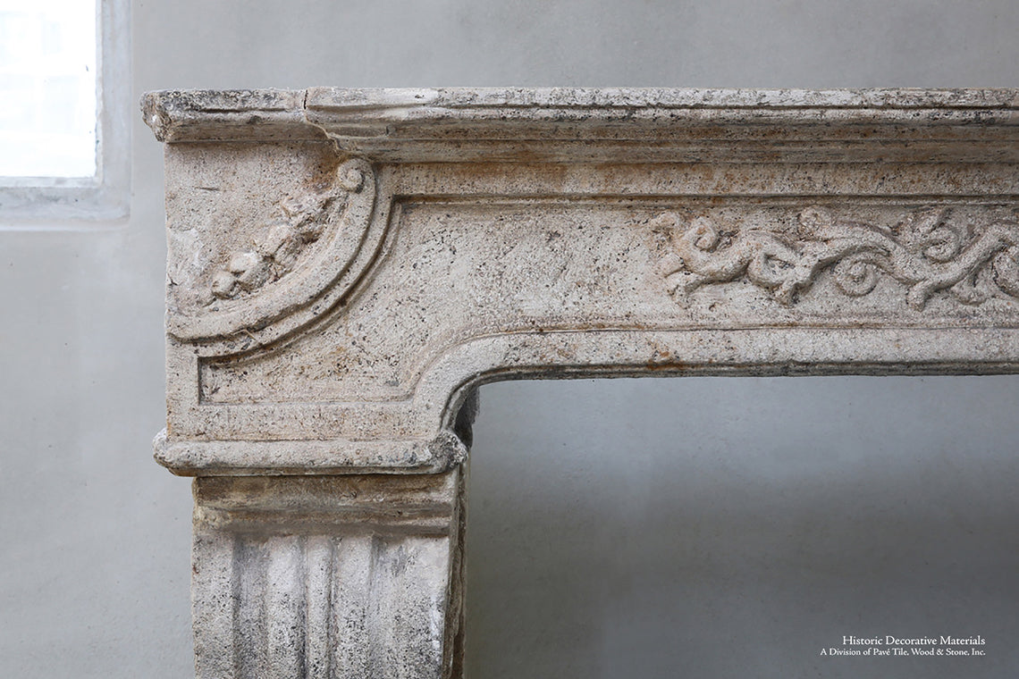 Antique 18th Century Renaissance French Bourgogne Limestone Fireplace Mantel
