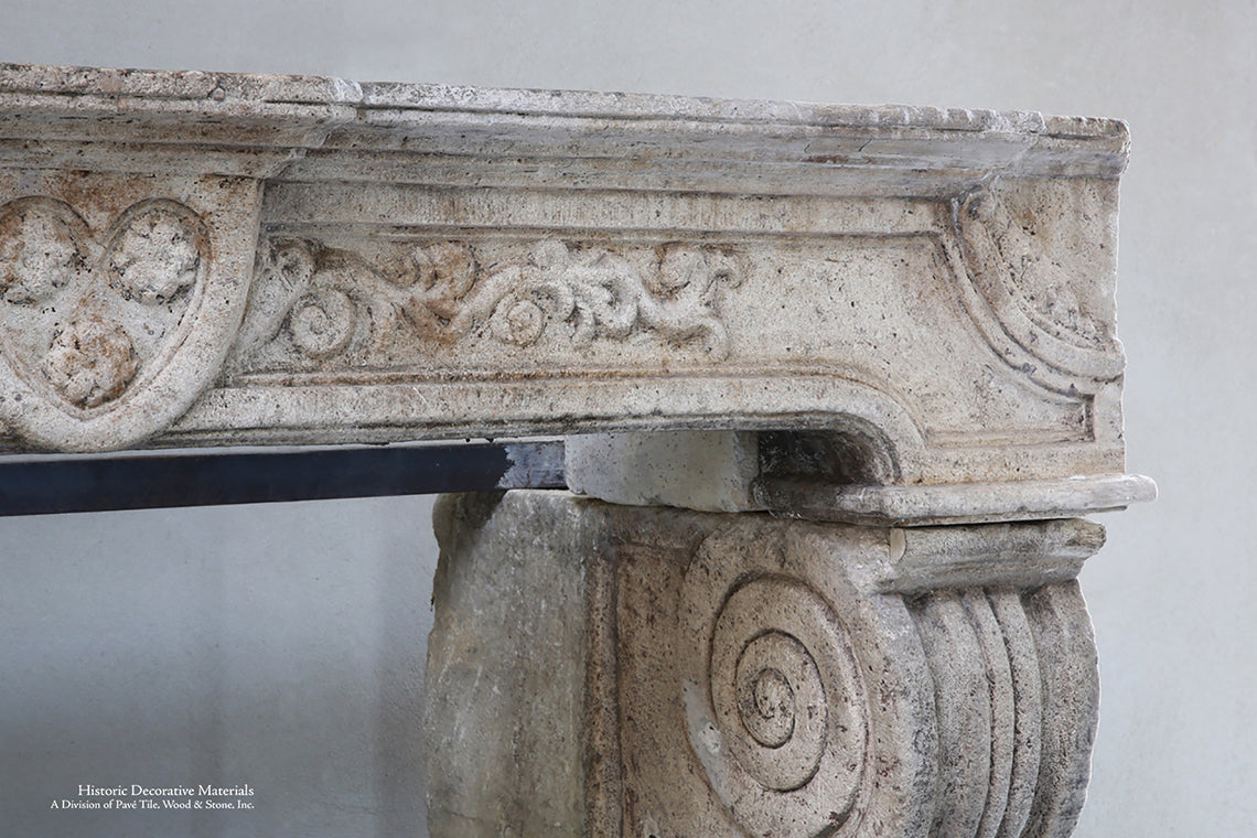 Antique 18th Century Renaissance French Bourgogne Limestone Fireplace Mantel