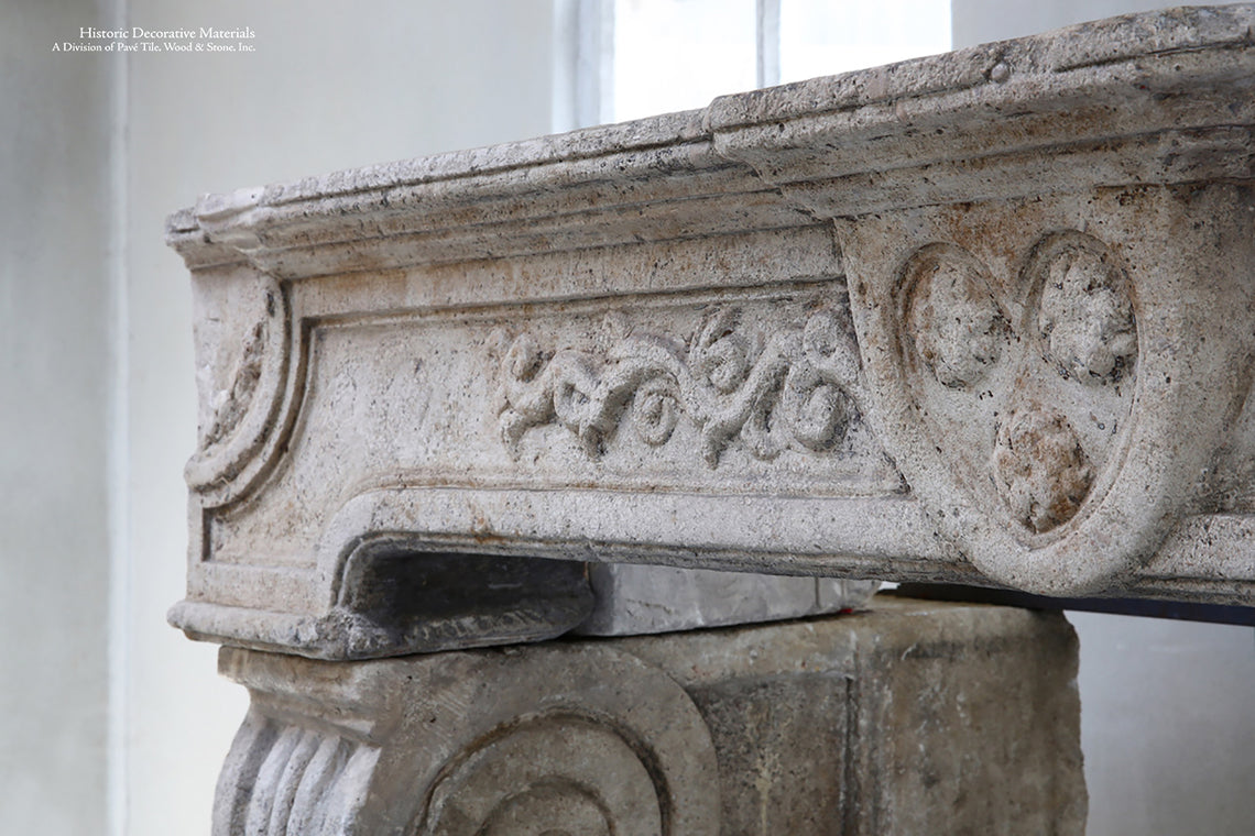 Antique 18th Century Renaissance French Bourgogne Limestone Fireplace Mantel