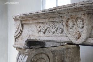 Antique 18th Century Renaissance French Bourgogne Limestone Fireplace Mantel