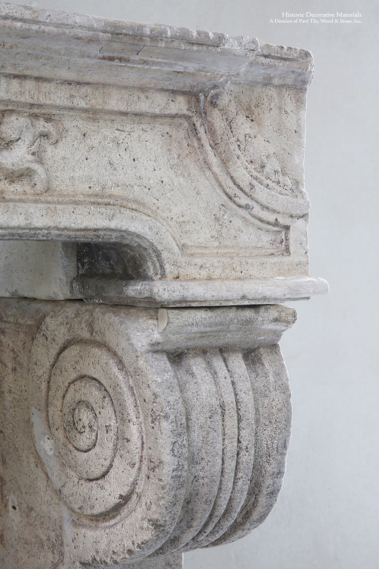 Antique 18th Century Renaissance French Bourgogne Limestone Fireplace Mantel