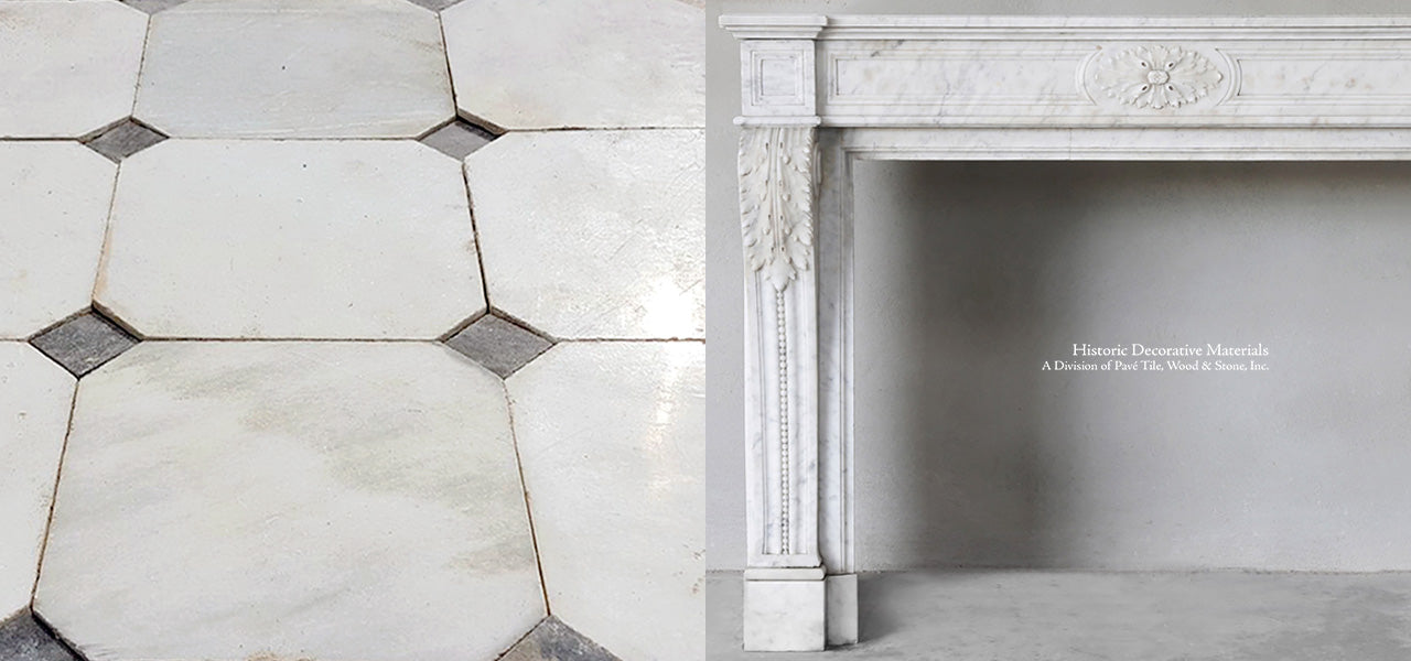 Louis XVI 19th Century Antique Bianca Carrara Marble Fireplace Mantel + 18th Century Italian Bianca Cararra and Nero Marble Cabochon Floor